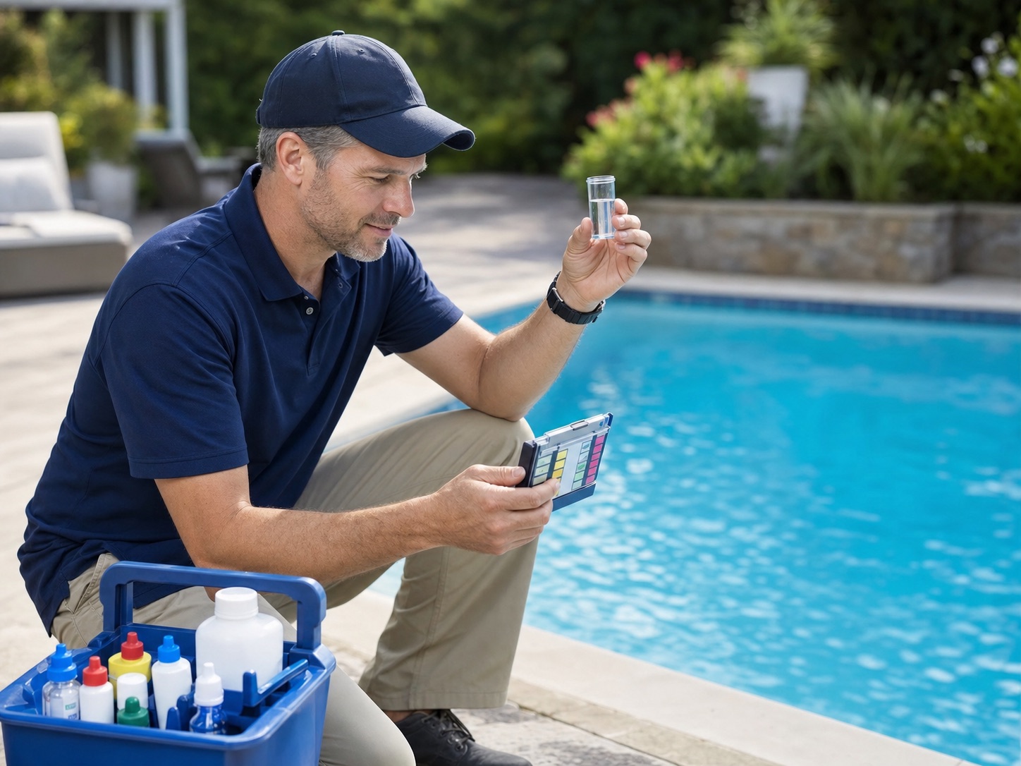 Always Blue pool technician carefully testing swimming pool water chemistry