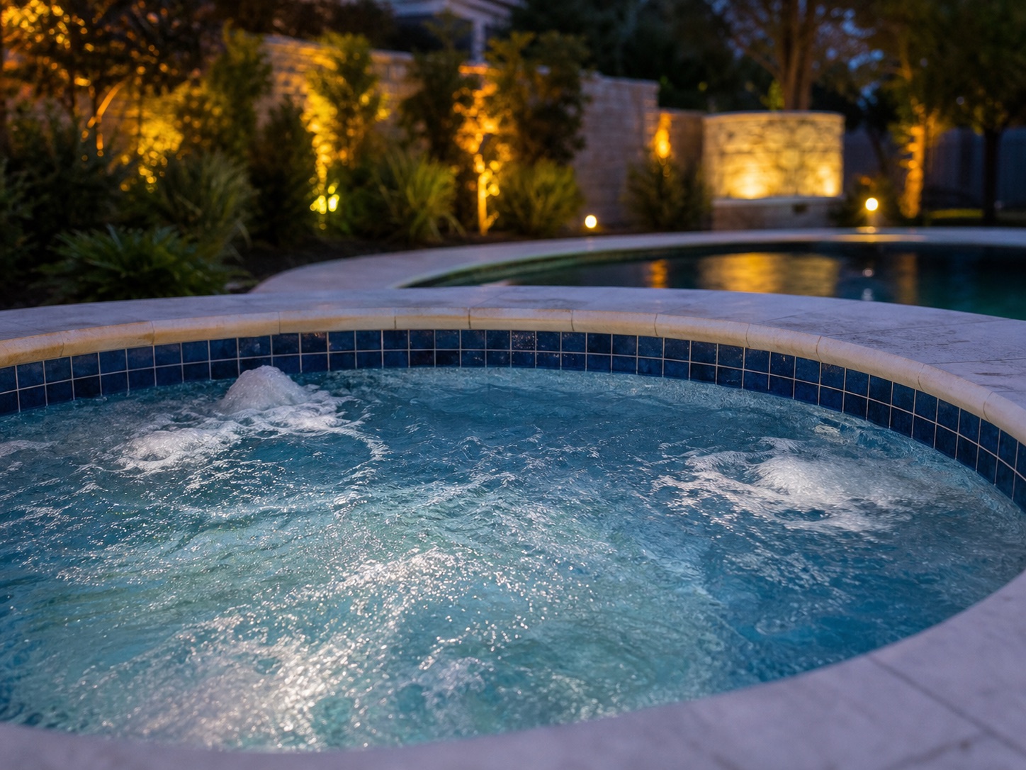 Clean residential hot tub spa with clear bubbling water at dusk